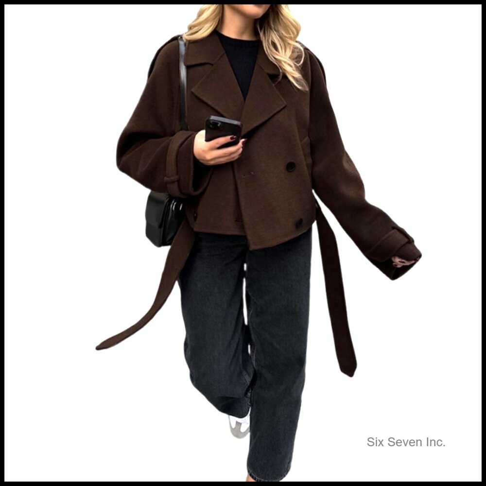 Cropped Wool Blend Pea Coat Double Breasted Notched Lapel Trench